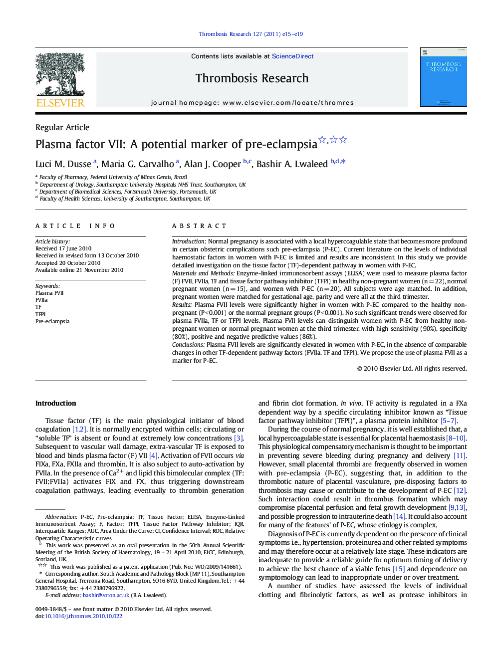 Plasma factor VII: A potential marker of pre-eclampsia 