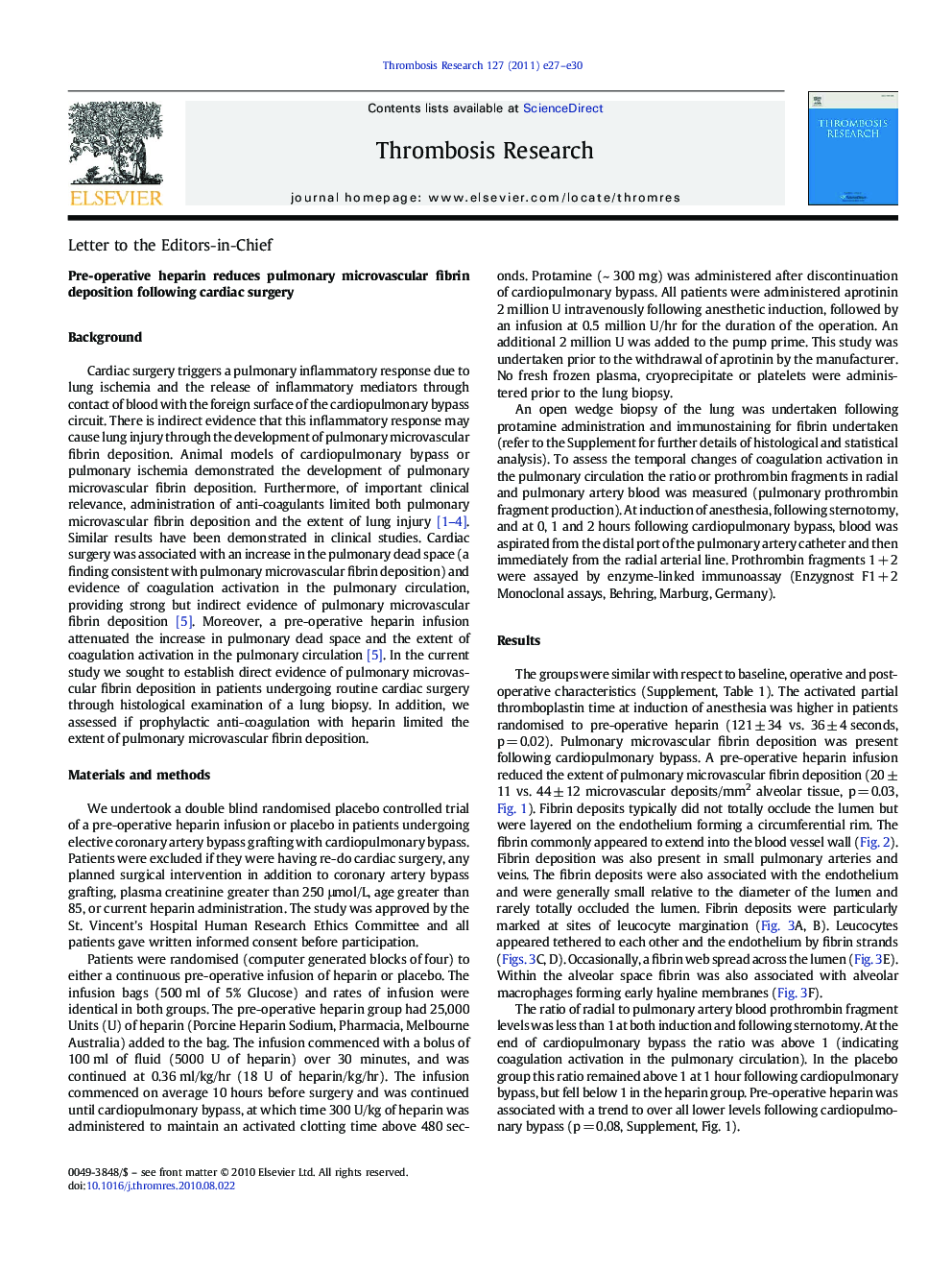 Pre-operative heparin reduces pulmonary microvascular fibrin deposition following cardiac surgery