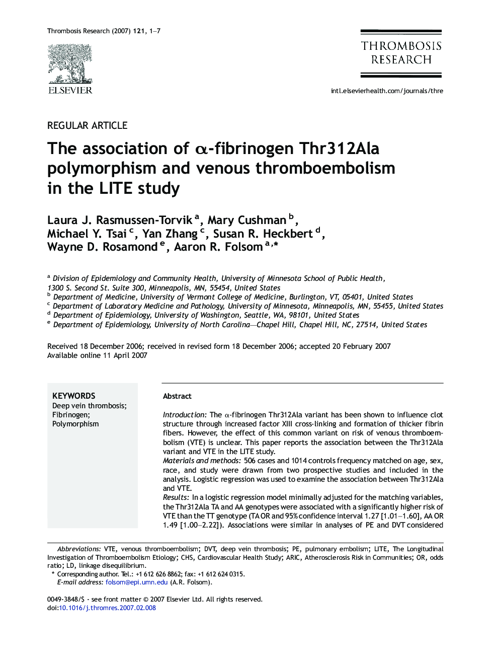 The association of α-fibrinogen Thr312Ala polymorphism and venous thromboembolism in the LITE study