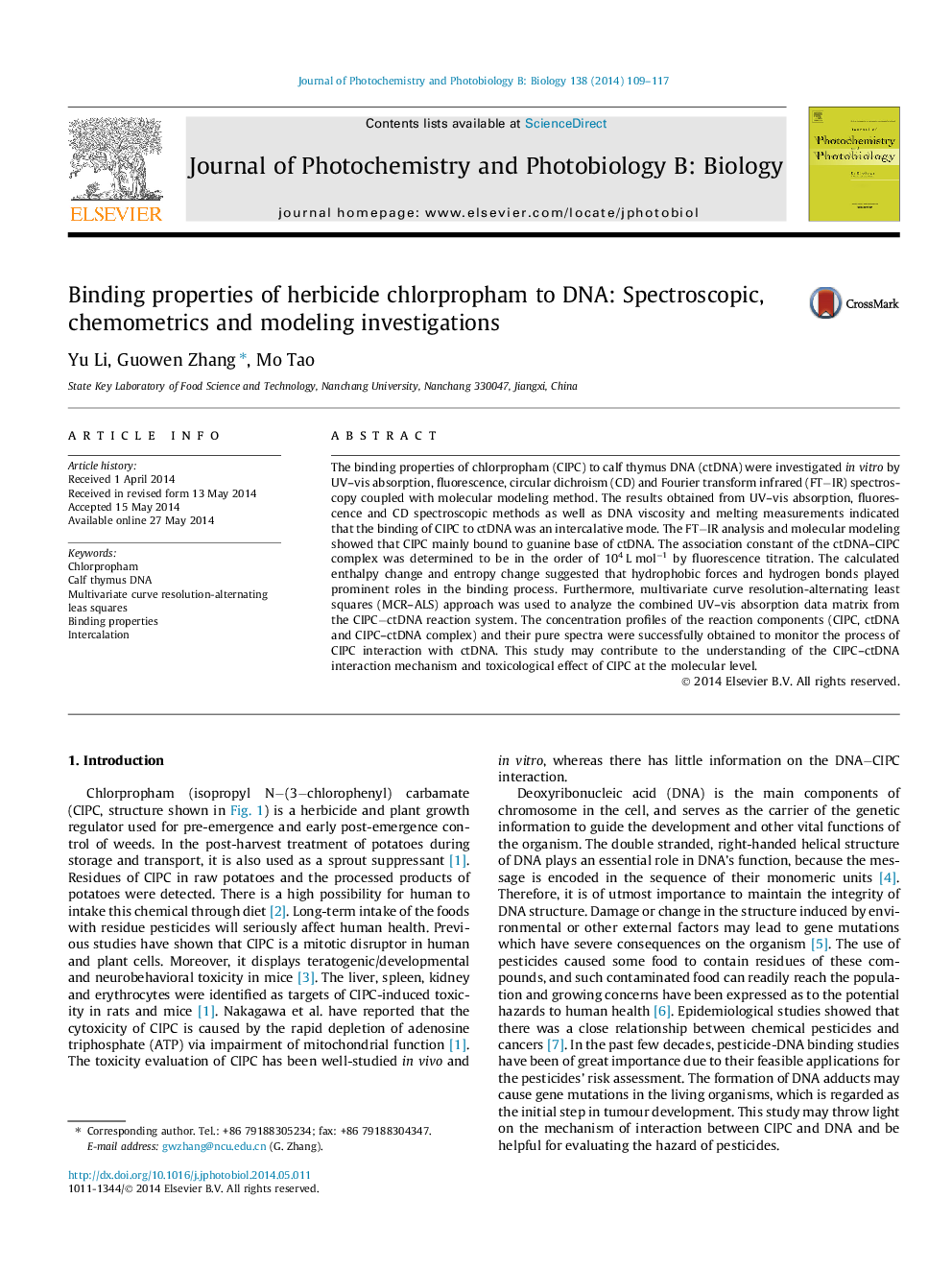 Binding properties of herbicide chlorpropham to DNA: Spectroscopic, chemometrics and modeling investigations