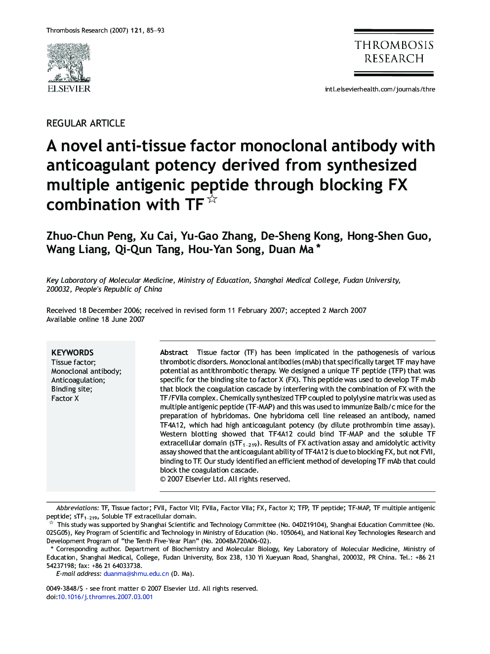 A novel anti-tissue factor monoclonal antibody with anticoagulant potency derived from synthesized multiple antigenic peptide through blocking FX combination with TF 