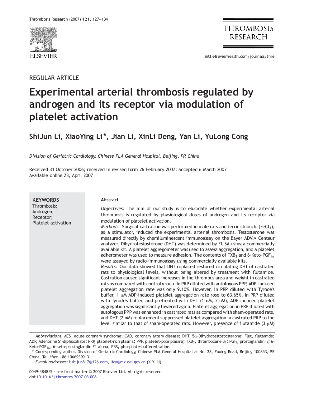 Experimental arterial thrombosis regulated by androgen and its receptor via modulation of platelet activation