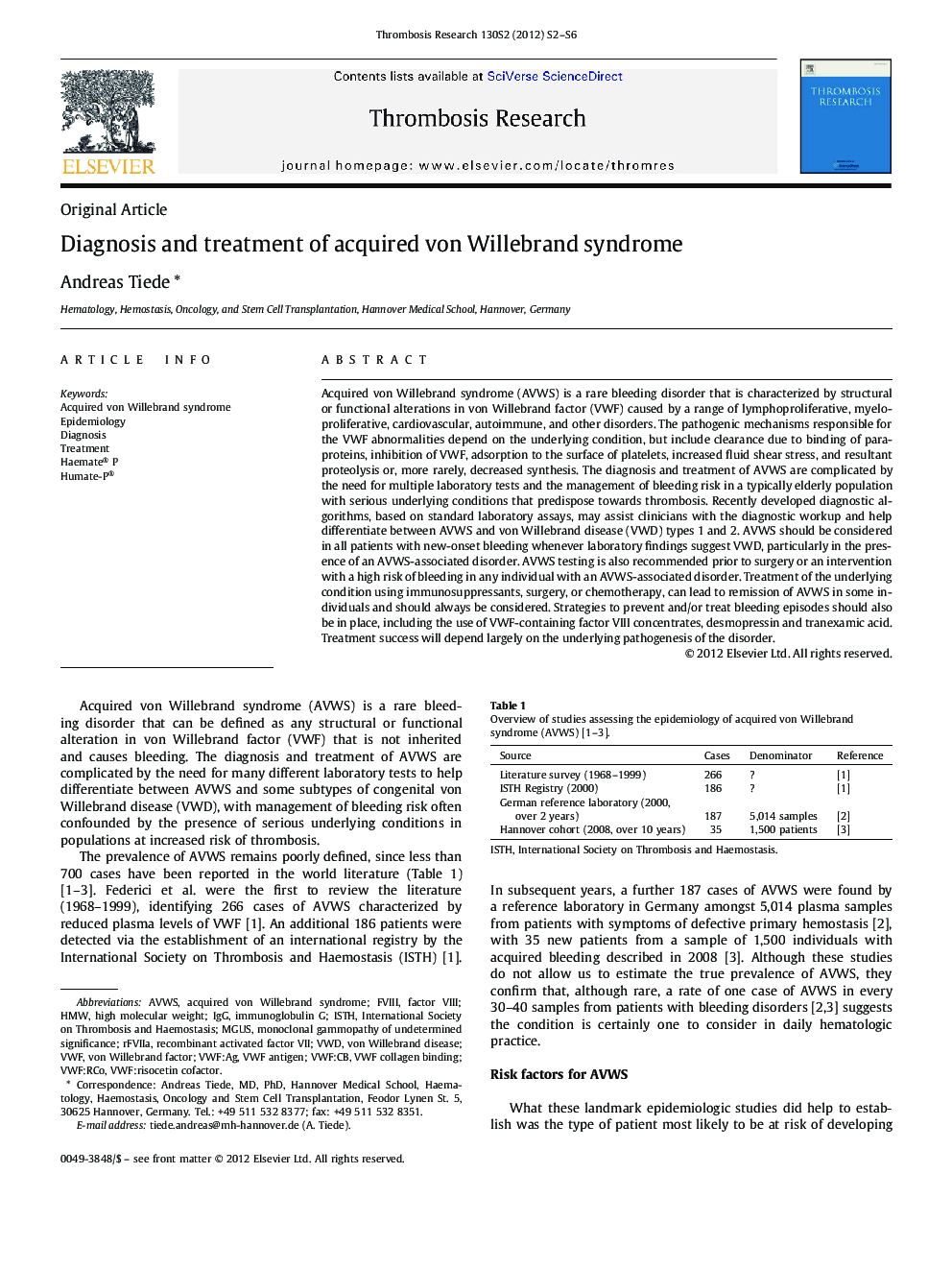 Diagnosis and treatment of acquired von Willebrand syndrome 