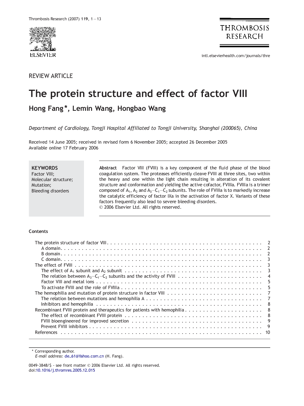 The protein structure and effect of factor VIII