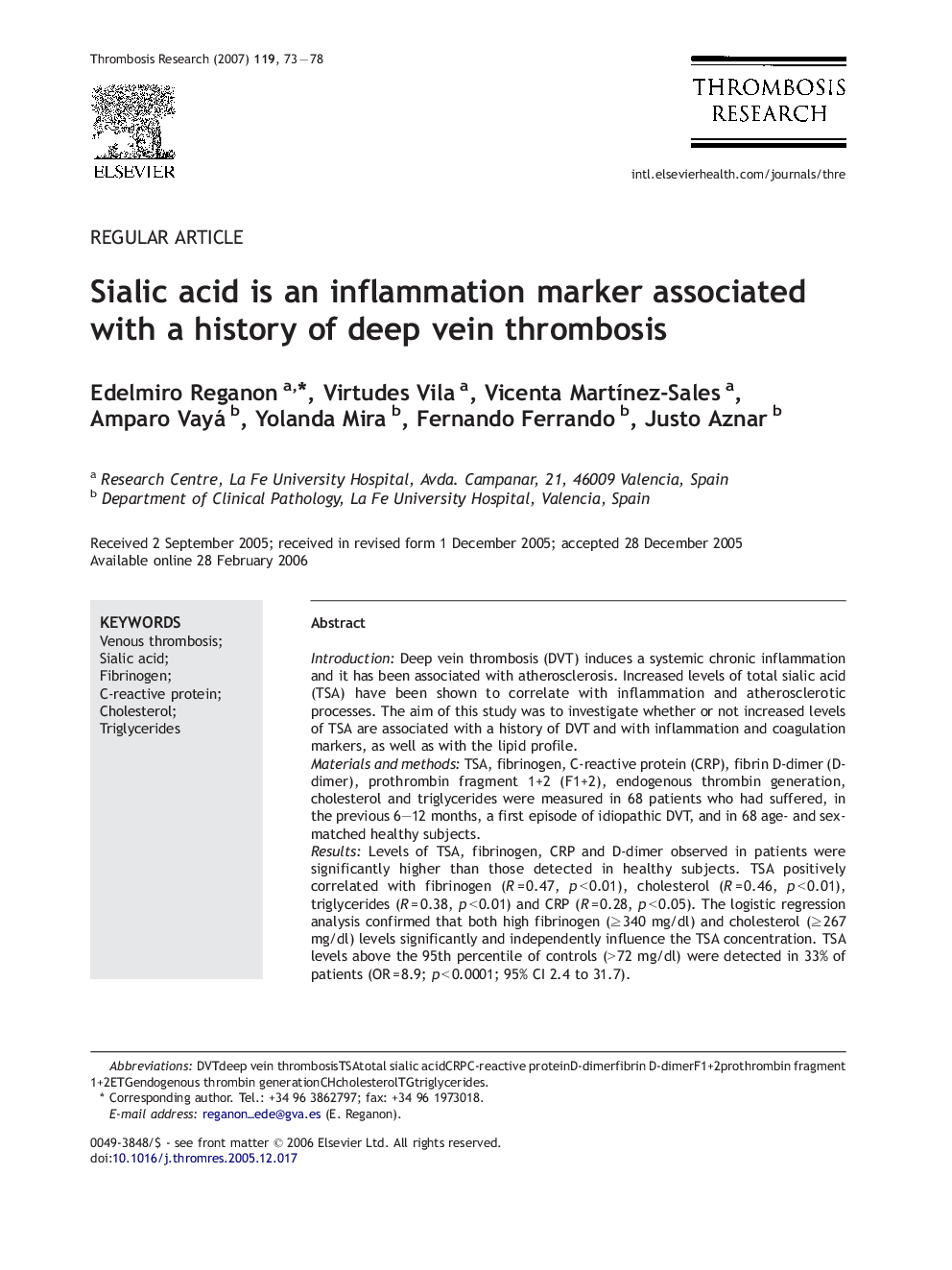 Sialic acid is an inflammation marker associated with a history of deep vein thrombosis