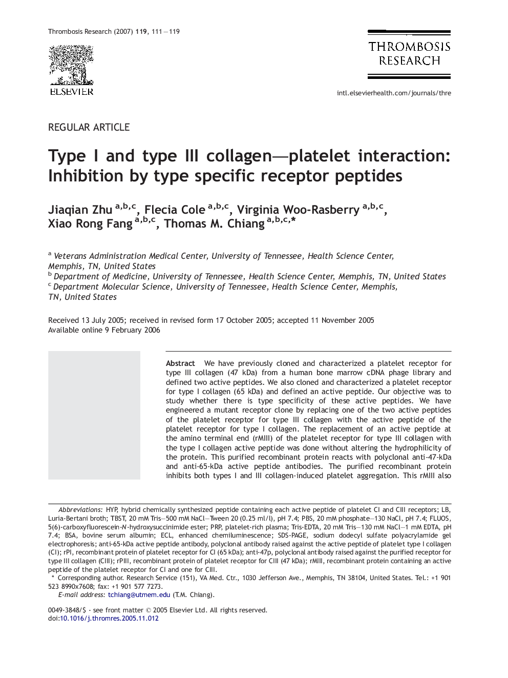 Type I and type III collagen-platelet interaction: Inhibition by type specific receptor peptides