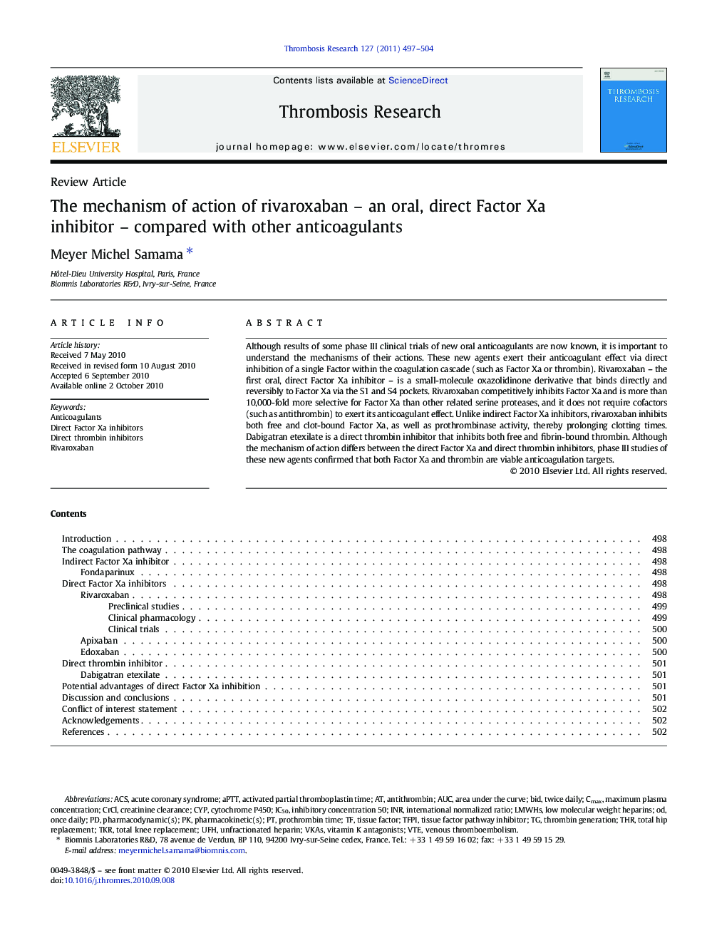 The mechanism of action of rivaroxaban – an oral, direct Factor Xa inhibitor – compared with other anticoagulants