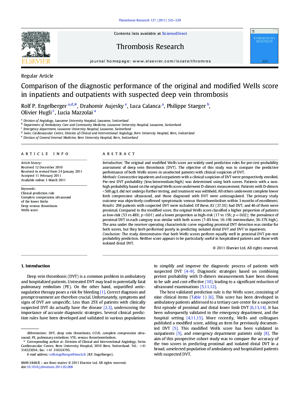 Comparison of the diagnostic performance of the original and modified Wells score in inpatients and outpatients with suspected deep vein thrombosis