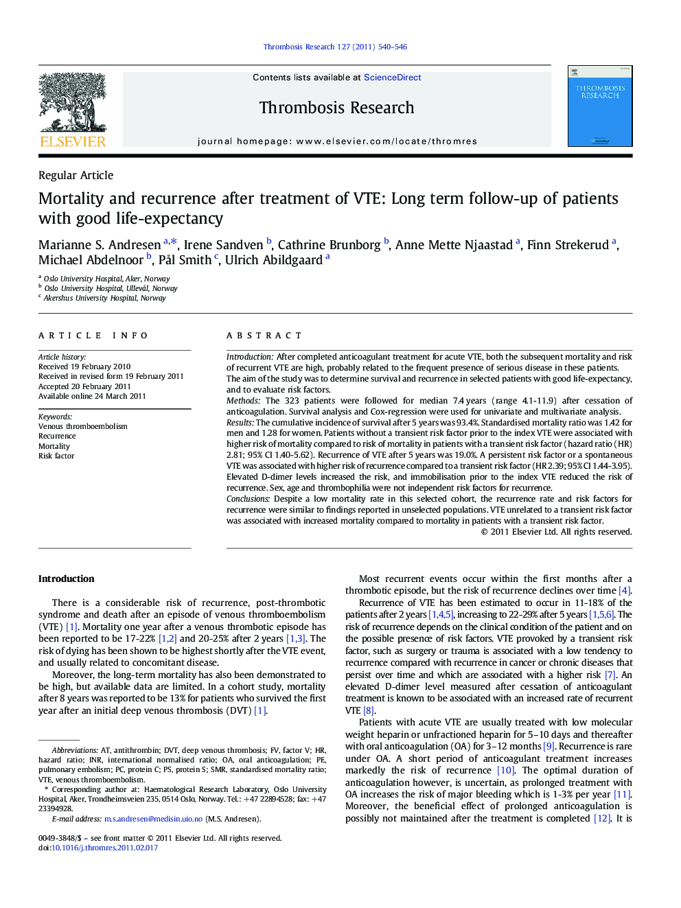 Mortality and recurrence after treatment of VTE: Long term follow-up of patients with good life-expectancy