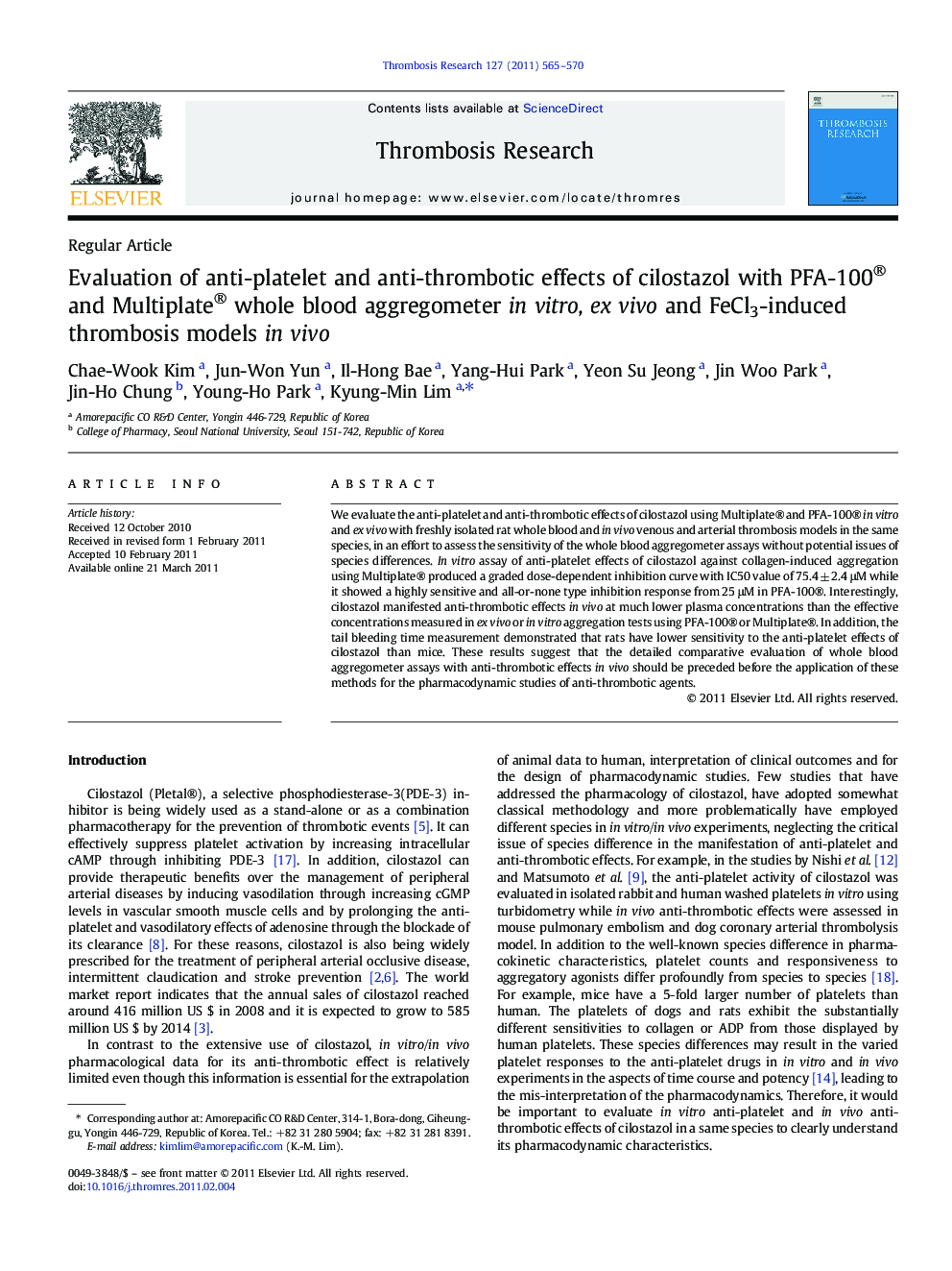 عکس صفحه اول مقاله: Evaluation of anti-platelet and anti-thrombotic effects of cilostazol with PFA-100® and Multiplate® whole blood aggregometer in vitro, ex vivo and FeCl3-induced thrombosis models in vivo Evaluation of anti-platelet and anti-thrombotic effects of cilostazol with PFA-100® and Multiplate® whole blood aggregometer in vitro, ex vivo and FeCl3-induced thrombosis models in vivo