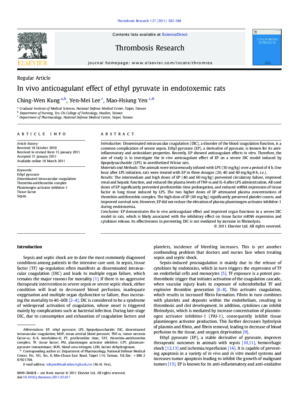 In vivo anticoagulant effect of ethyl pyruvate in endotoxemic rats