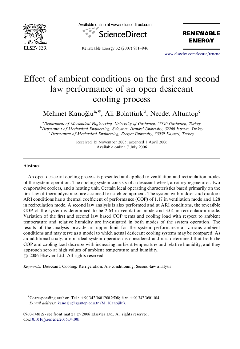 Effect of ambient conditions on the first and second law performance of an open desiccant cooling process