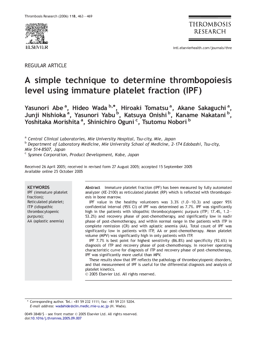 A simple technique to determine thrombopoiesis level using immature platelet fraction (IPF)