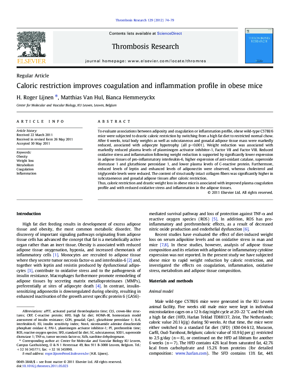 Caloric restriction improves coagulation and inflammation profile in obese mice