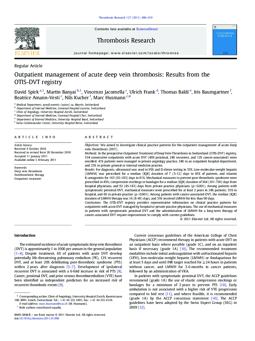 Outpatient management of acute deep vein thrombosis: Results from the OTIS-DVT registry