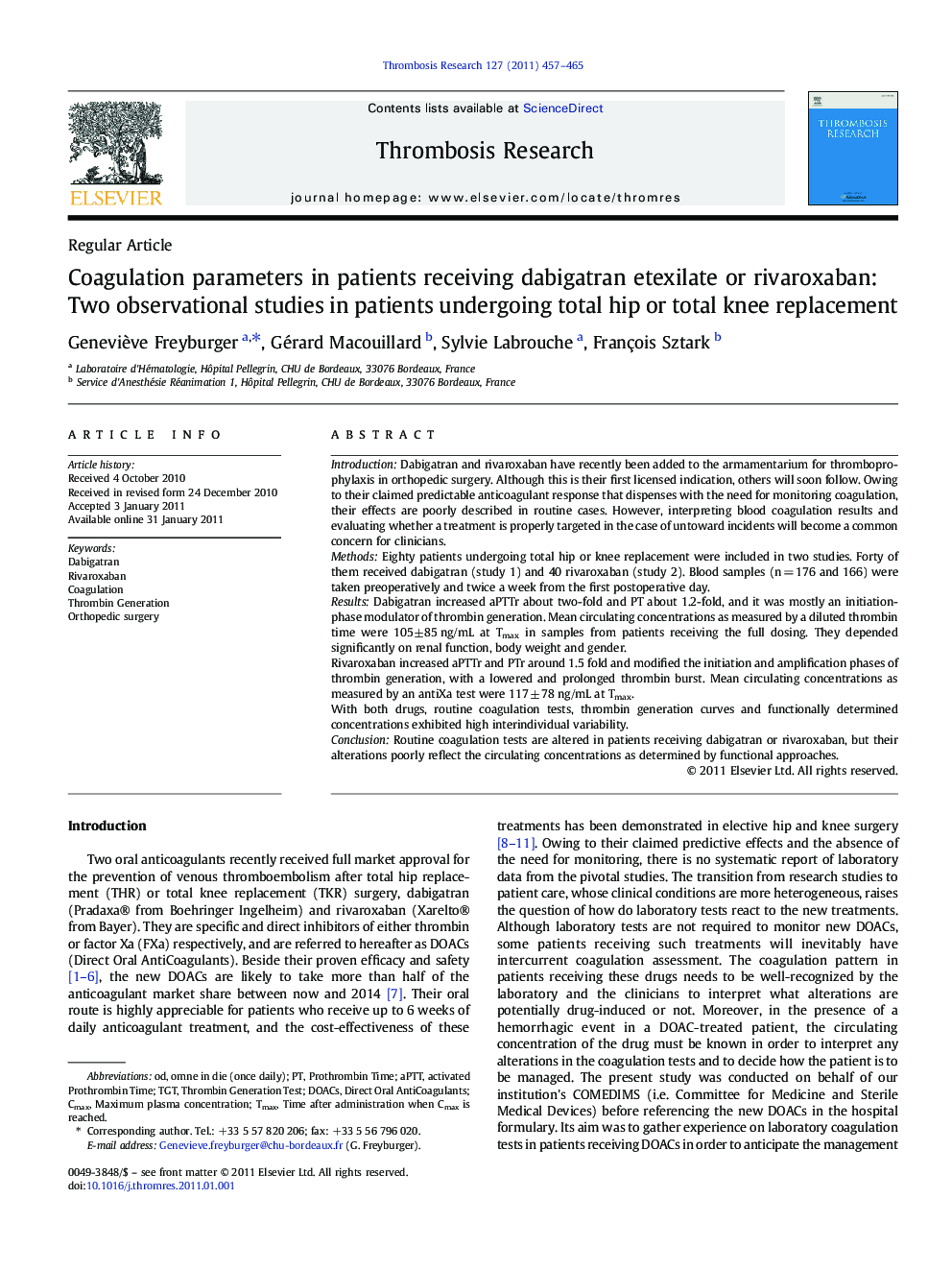 Coagulation parameters in patients receiving dabigatran etexilate or rivaroxaban: Two observational studies in patients undergoing total hip or total knee replacement