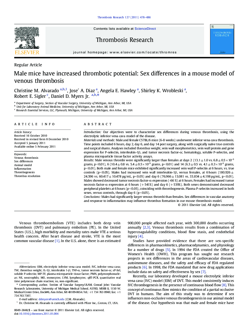 Male mice have increased thrombotic potential: Sex differences in a mouse model of venous thrombosis