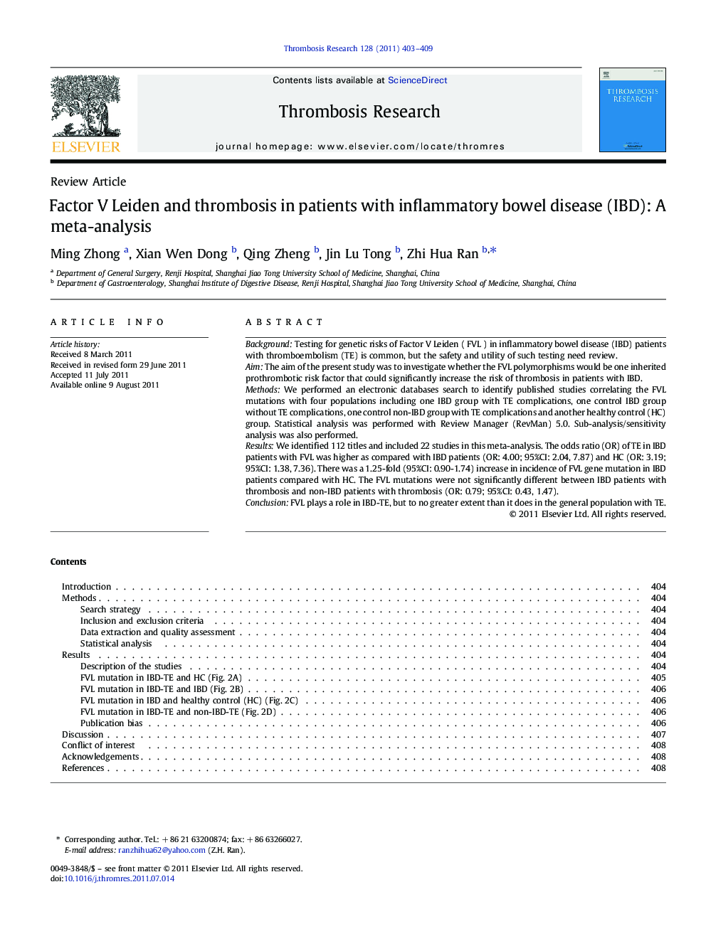 Factor V Leiden and thrombosis in patients with inflammatory bowel disease (IBD): A meta-analysis