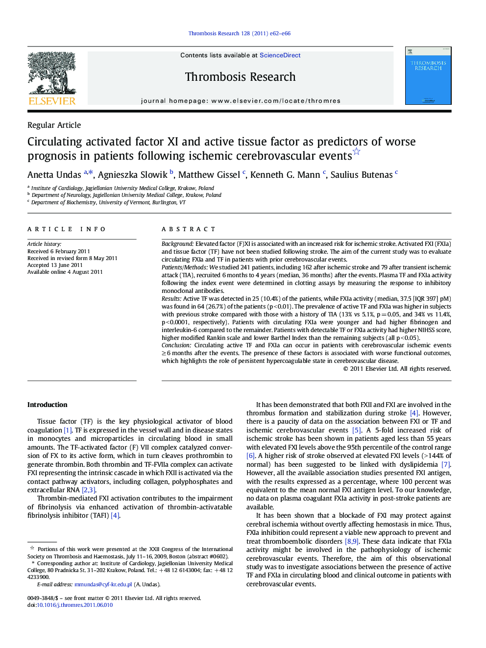 Circulating activated factor XI and active tissue factor as predictors of worse prognosis in patients following ischemic cerebrovascular events 