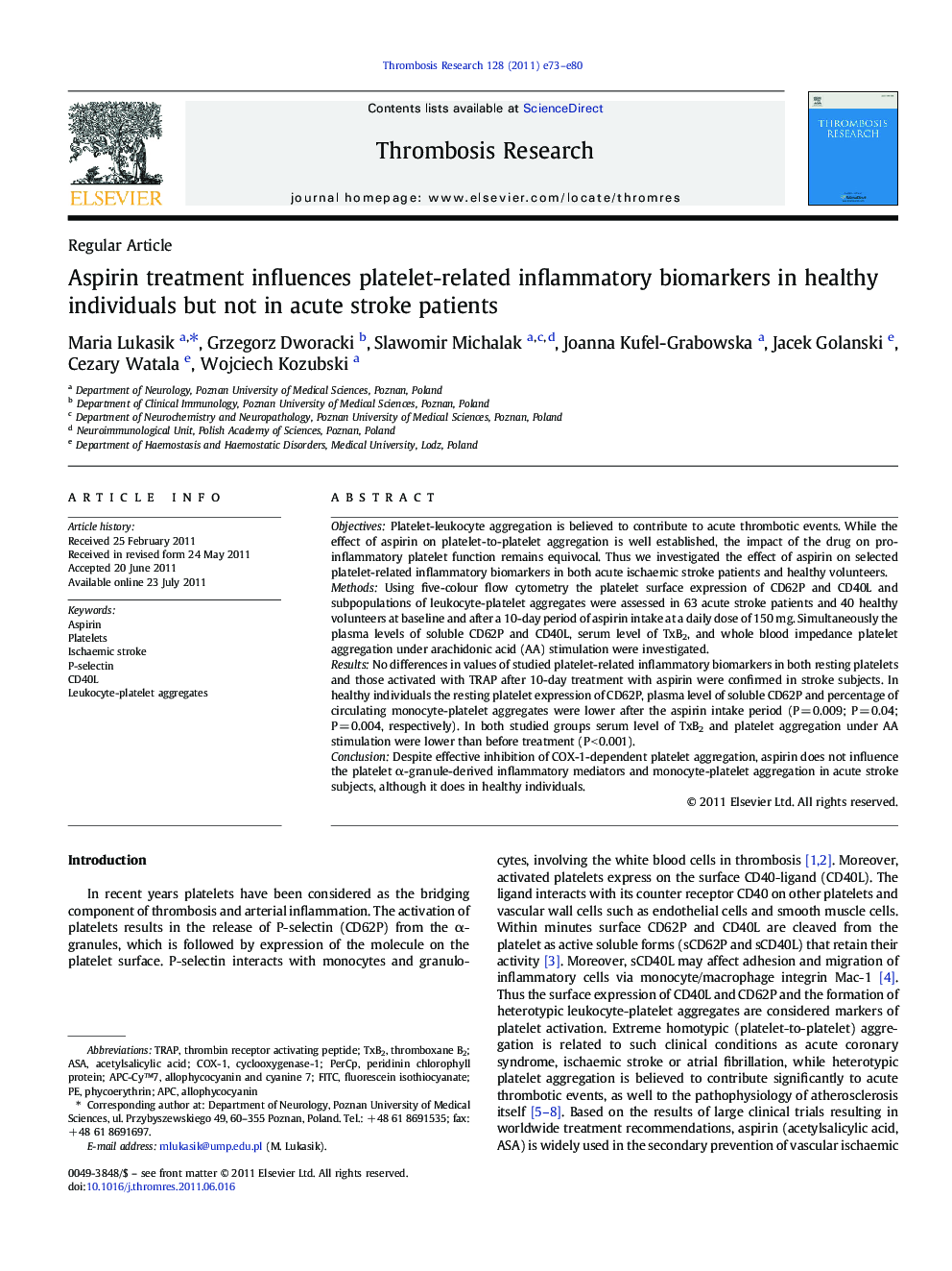 Aspirin treatment influences platelet-related inflammatory biomarkers in healthy individuals but not in acute stroke patients