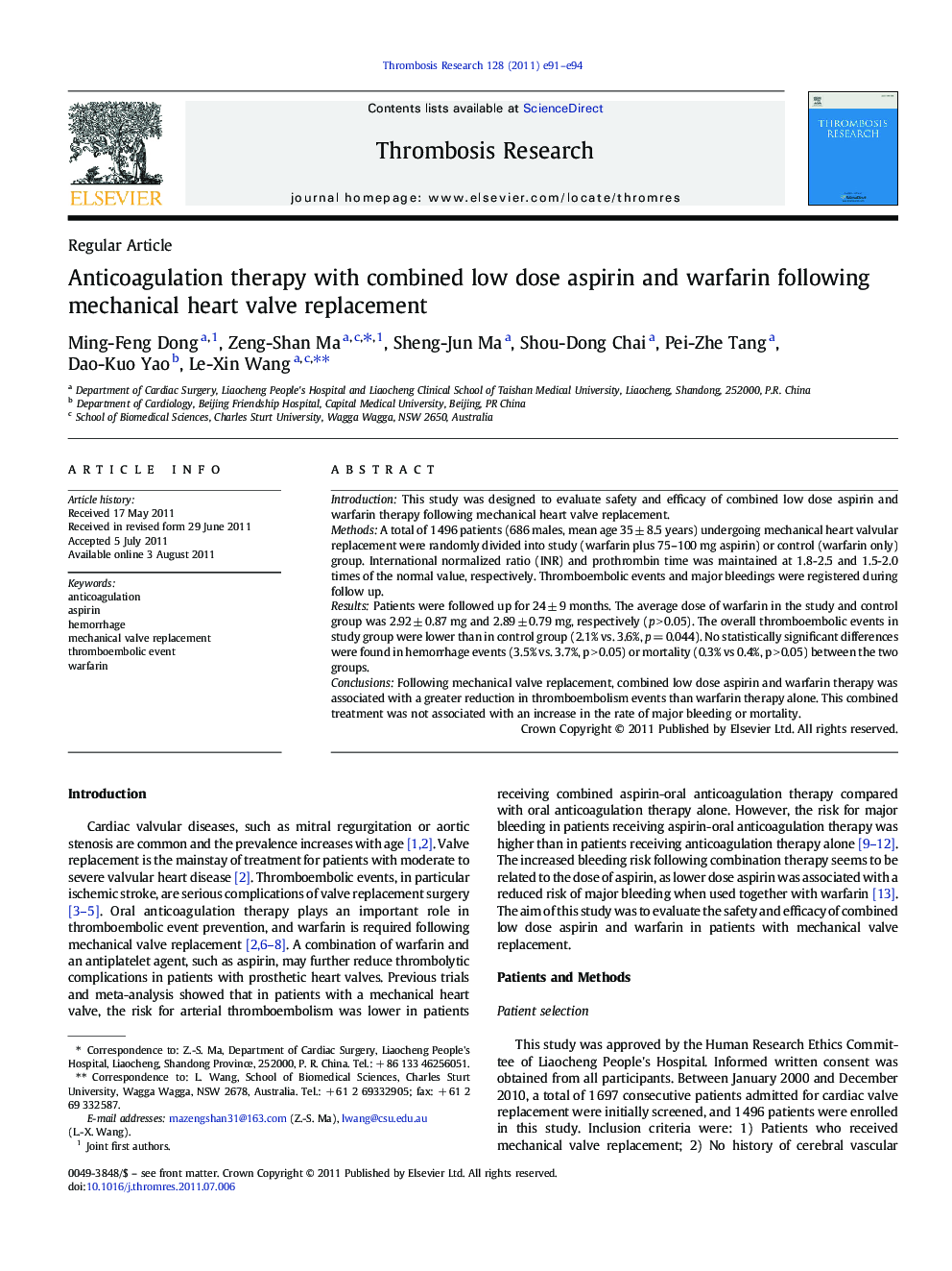 Anticoagulation therapy with combined low dose aspirin and warfarin following mechanical heart valve replacement