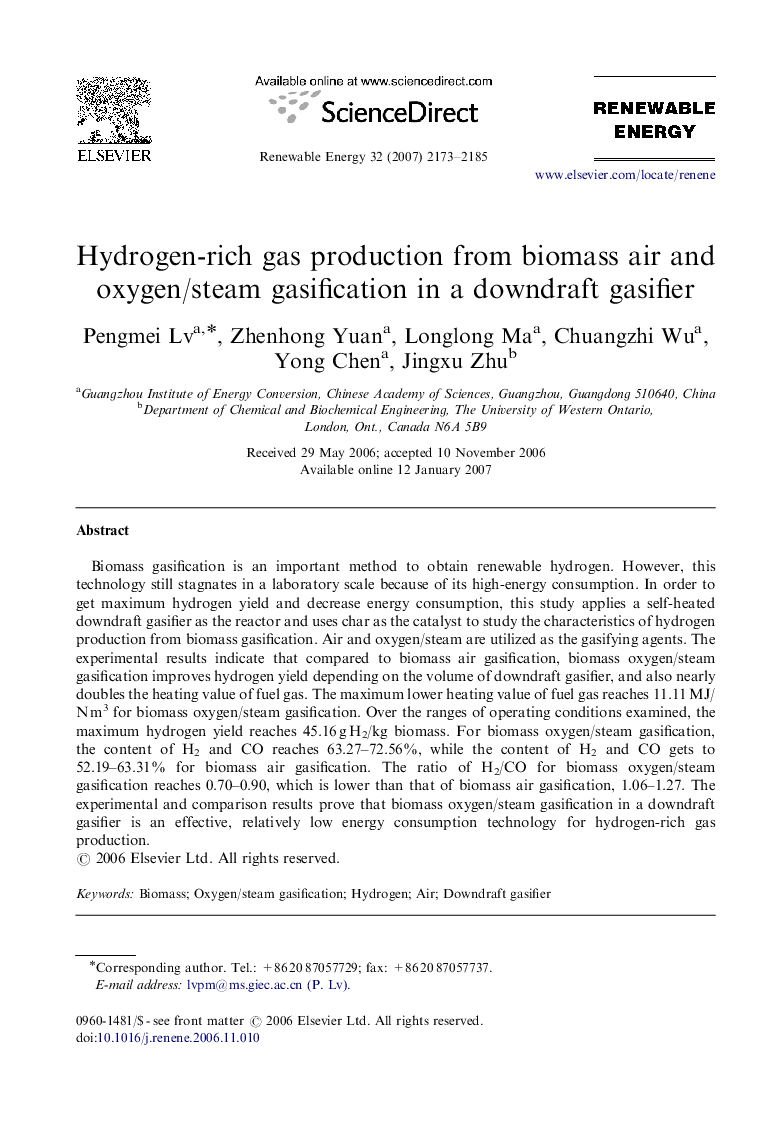 Hydrogen-rich gas production from biomass air and oxygen/steam gasification in a downdraft gasifier