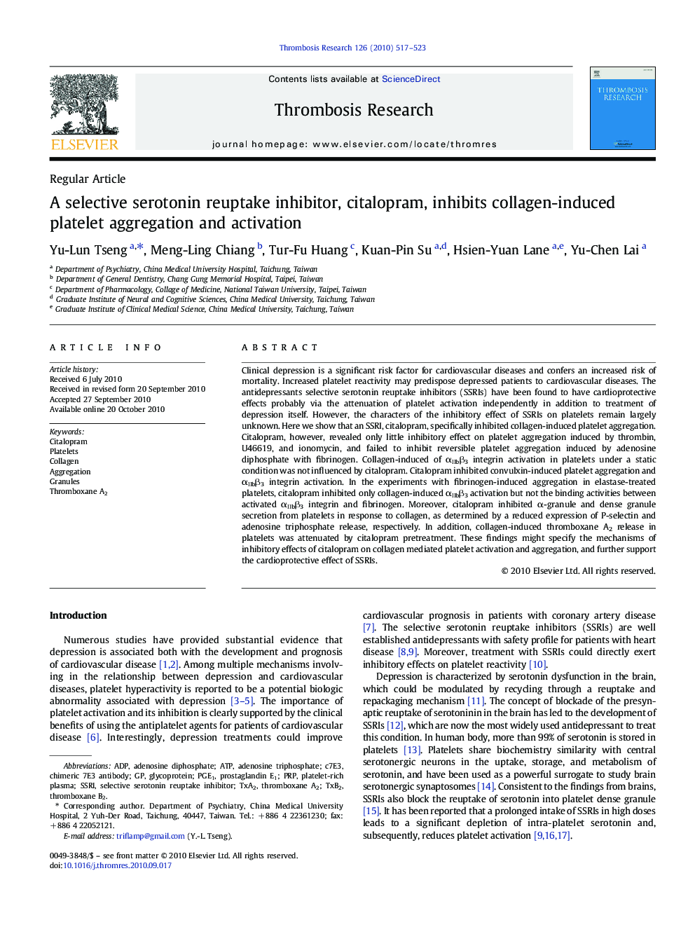 A selective serotonin reuptake inhibitor, citalopram, inhibits collagen-induced platelet aggregation and activation