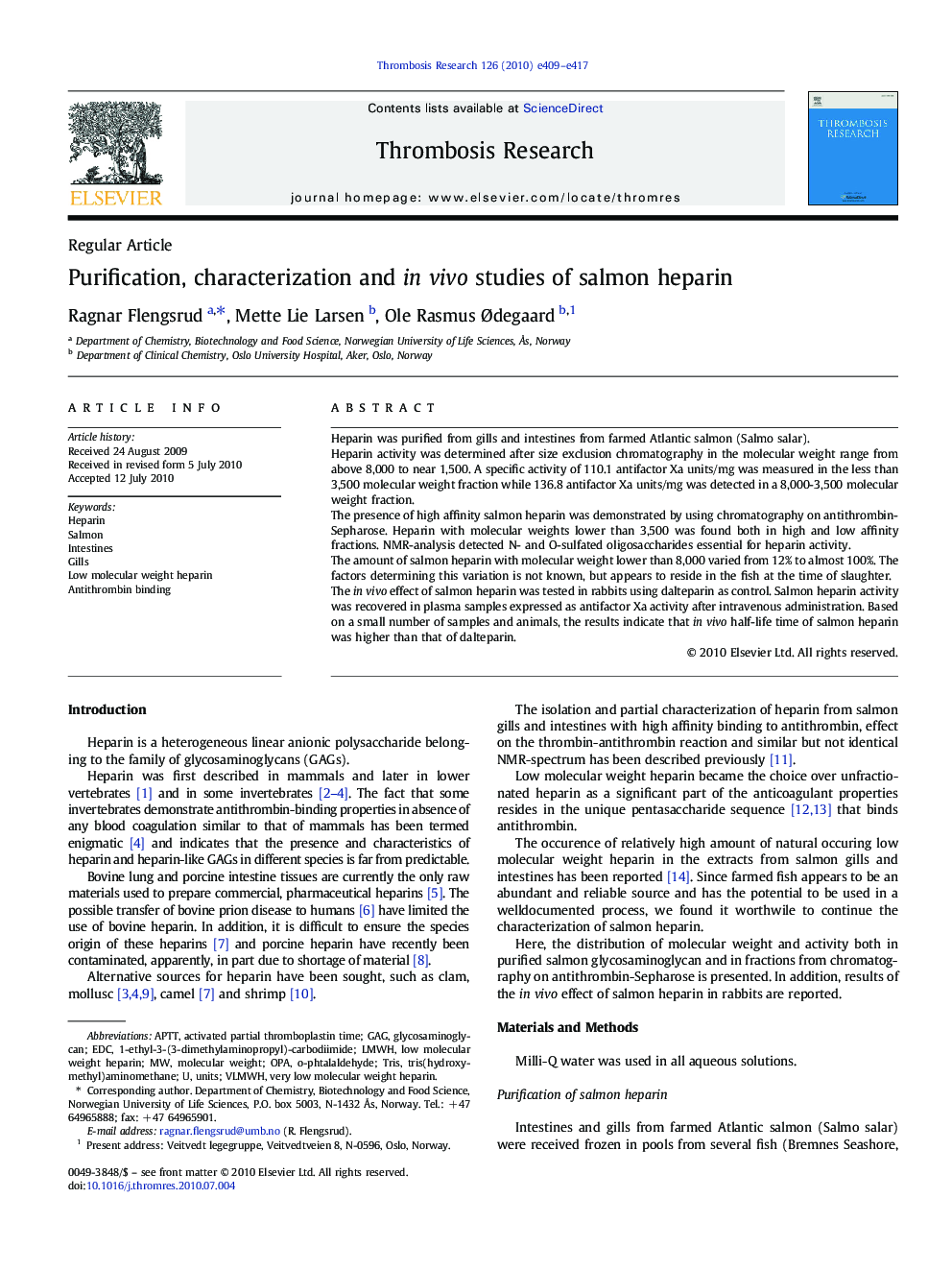 Purification, characterization and in vivo studies of salmon heparin