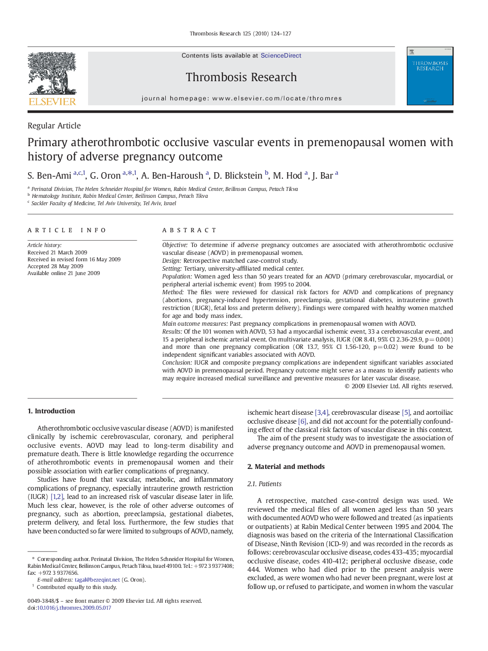 Primary atherothrombotic occlusive vascular events in premenopausal women with history of adverse pregnancy outcome