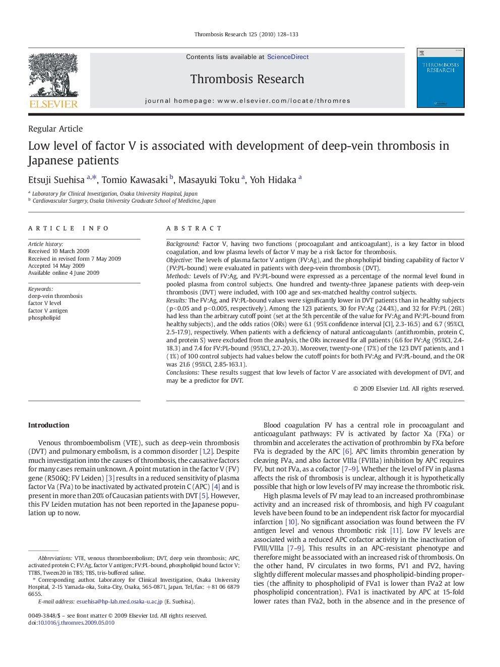 Low level of factor V is associated with development of deep-vein thrombosis in Japanese patients