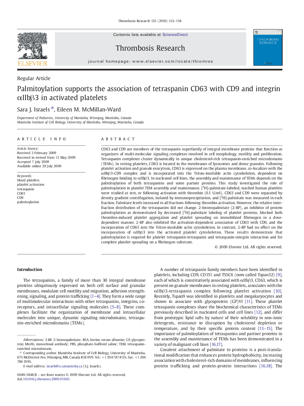 Palmitoylation supports the association of tetraspanin CD63 with CD9 and integrin αIIbβ3 in activated platelets