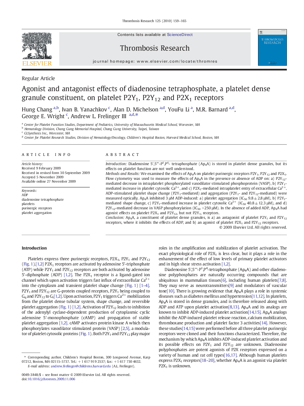 Agonist and antagonist effects of diadenosine tetraphosphate, a platelet dense granule constituent, on platelet P2Y1, P2Y12 and P2X1 receptors