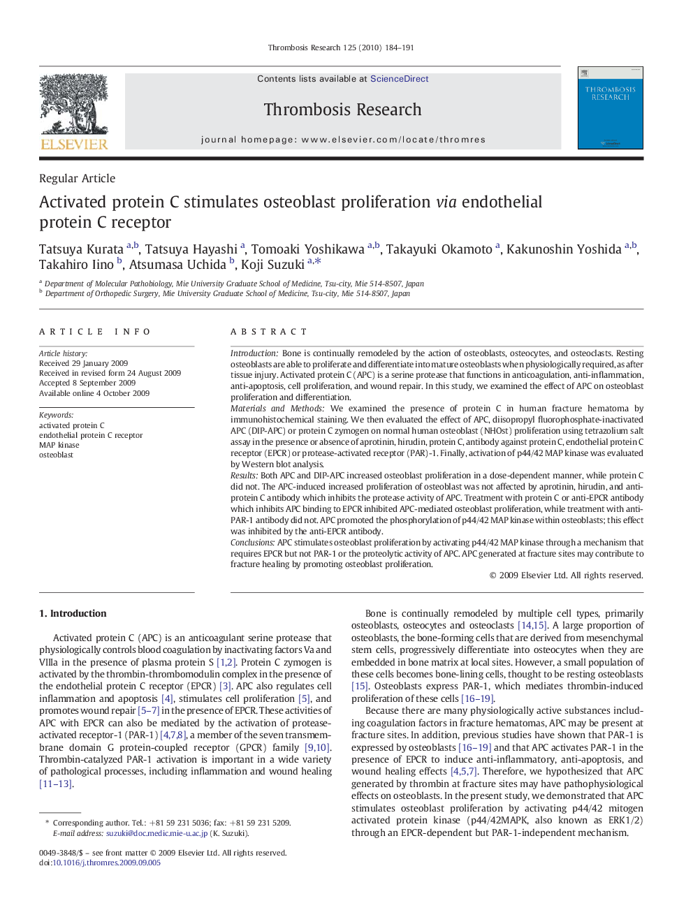 Activated protein C stimulates osteoblast proliferation via endothelial protein C receptor