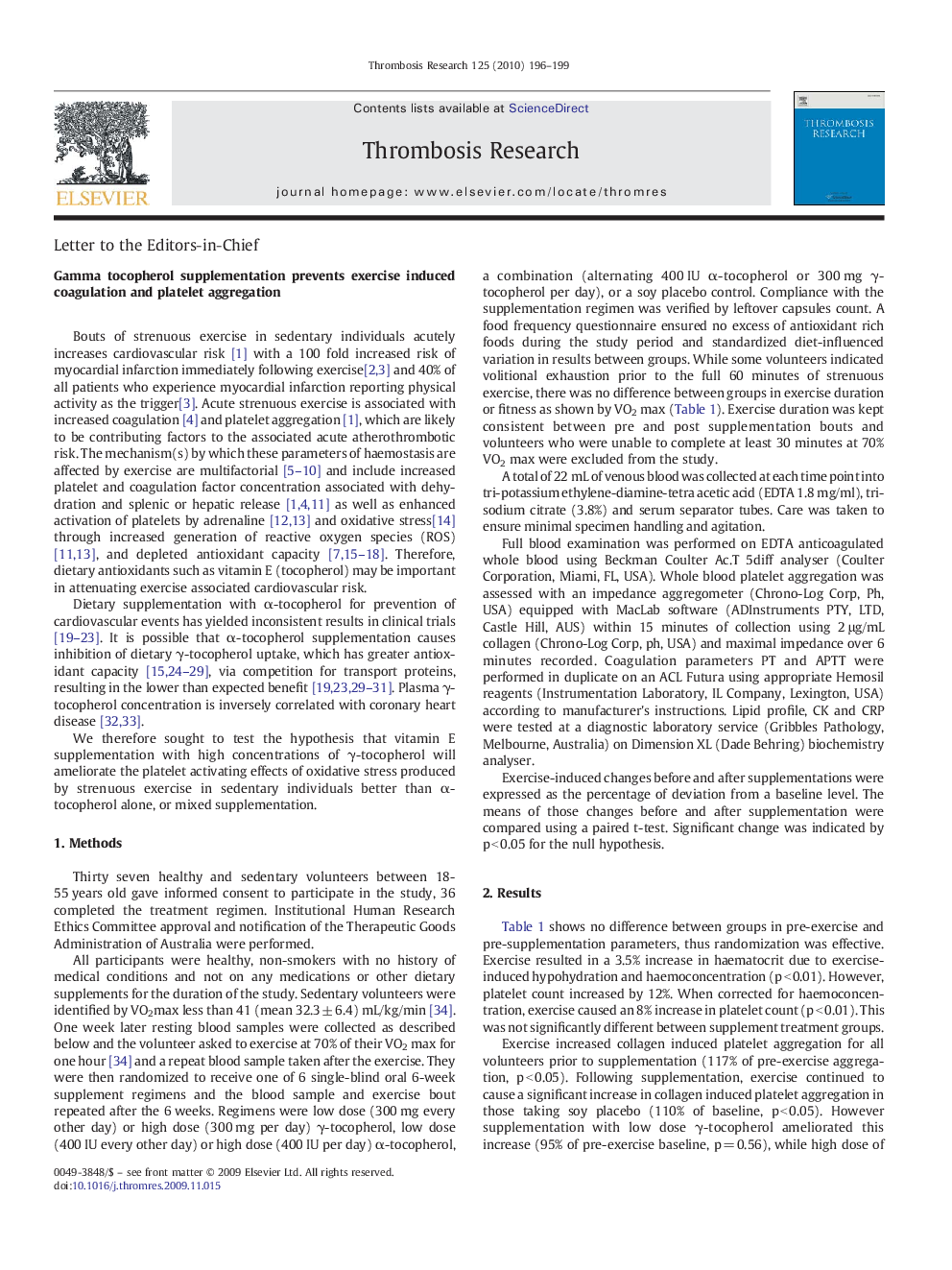 Gamma tocopherol supplementation prevents exercise induced coagulation and platelet aggregation