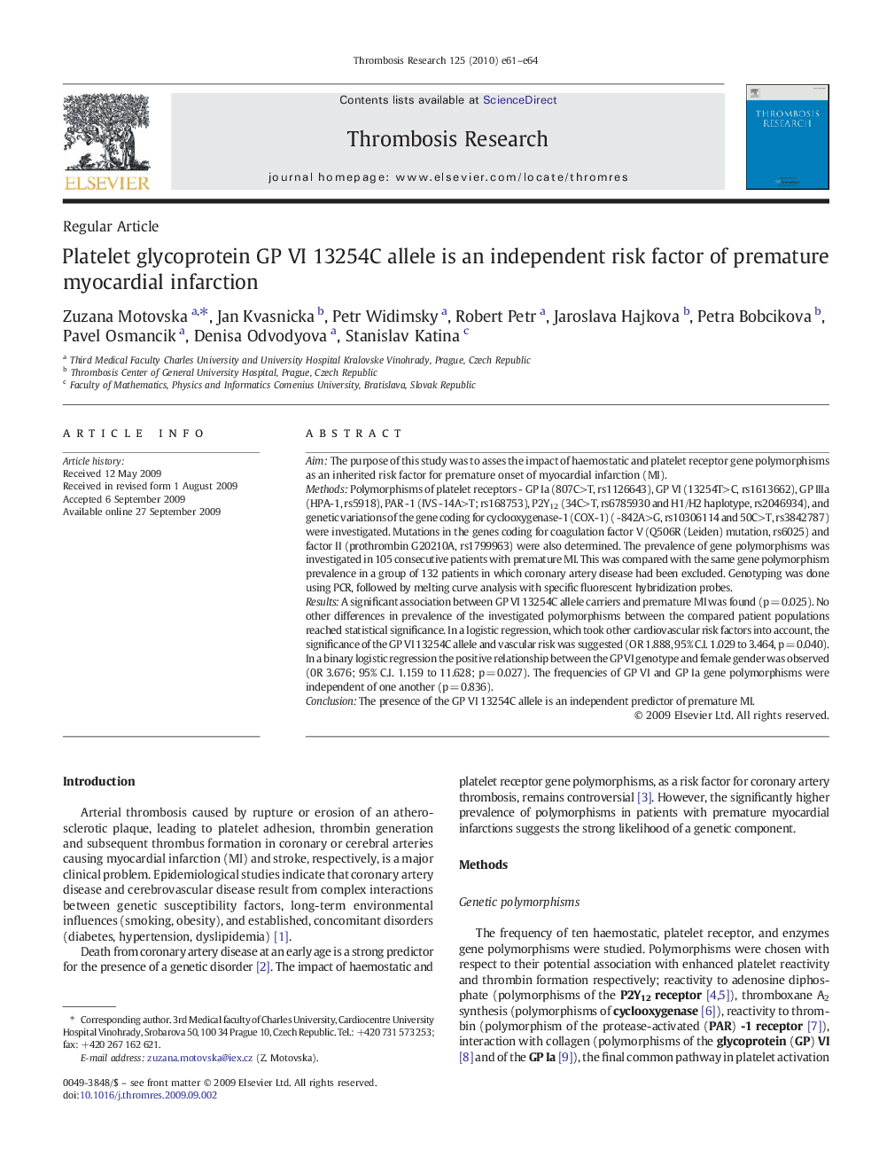 Platelet glycoprotein GP VI 13254C allele is an independent risk factor of premature myocardial infarction