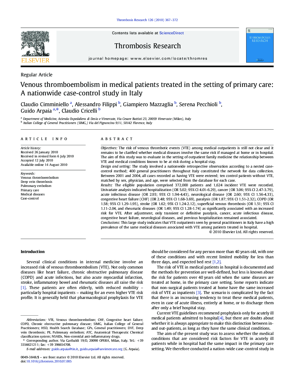 Venous thromboembolism in medical patients treated in the setting of primary care: A nationwide case-control study in Italy