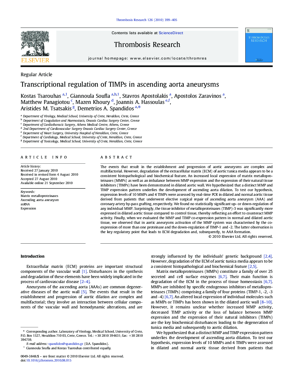 Transcriptional regulation of TIMPs in ascending aorta aneurysms