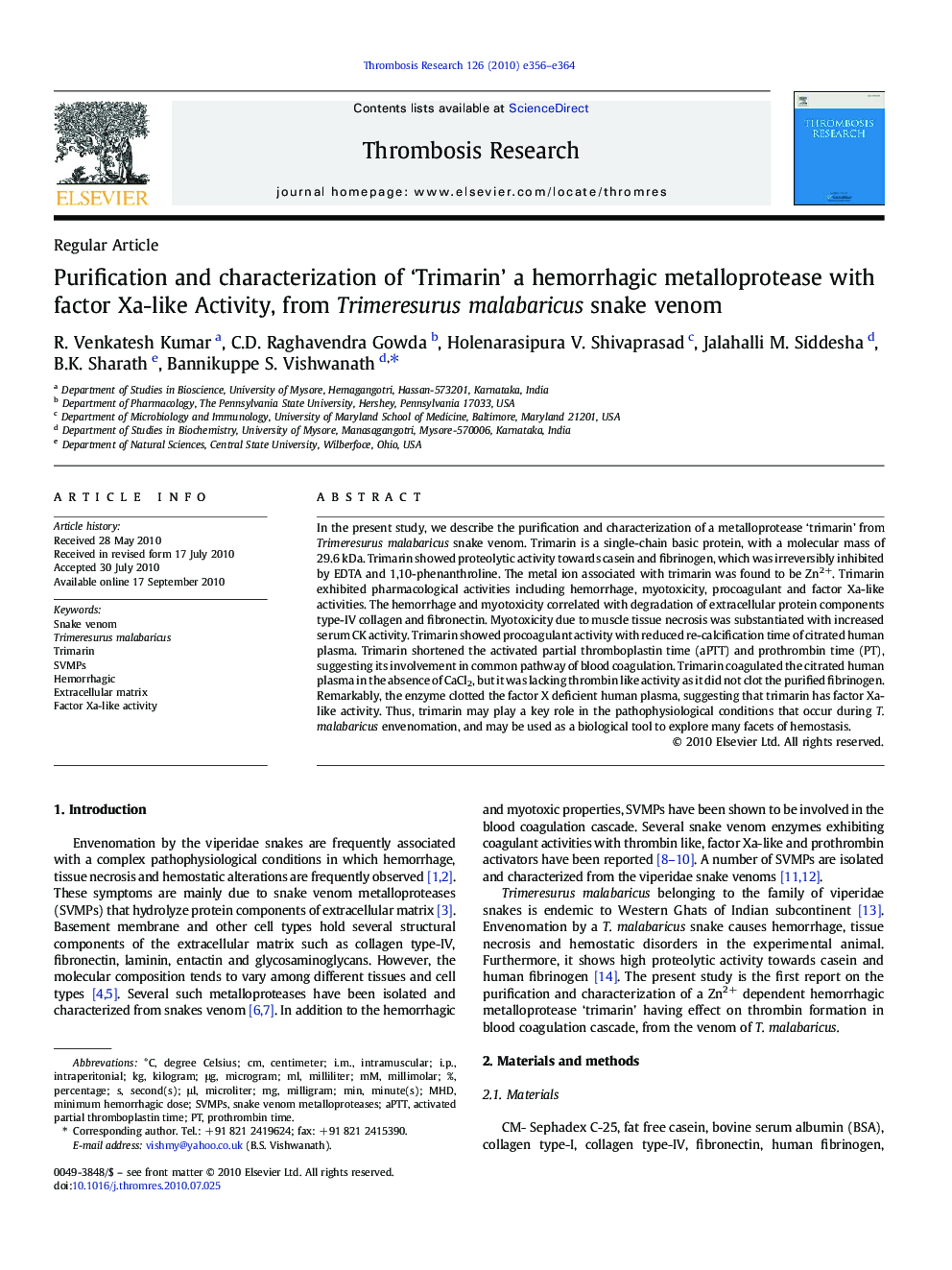 Purification and characterization of ‘Trimarin’ a hemorrhagic metalloprotease with factor Xa-like Activity, from Trimeresurus malabaricus snake venom