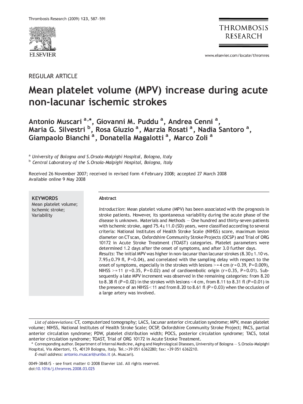 Mean platelet volume (MPV) increase during acute non-lacunar ischemic strokes