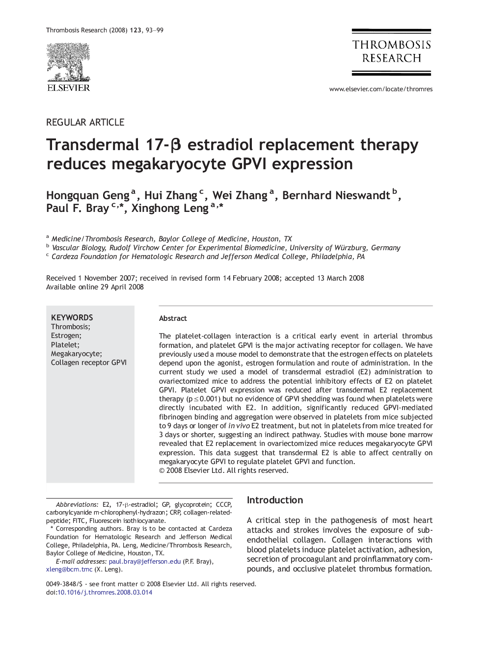 Transdermal 17-β estradiol replacement therapy reduces megakaryocyte GPVI expression