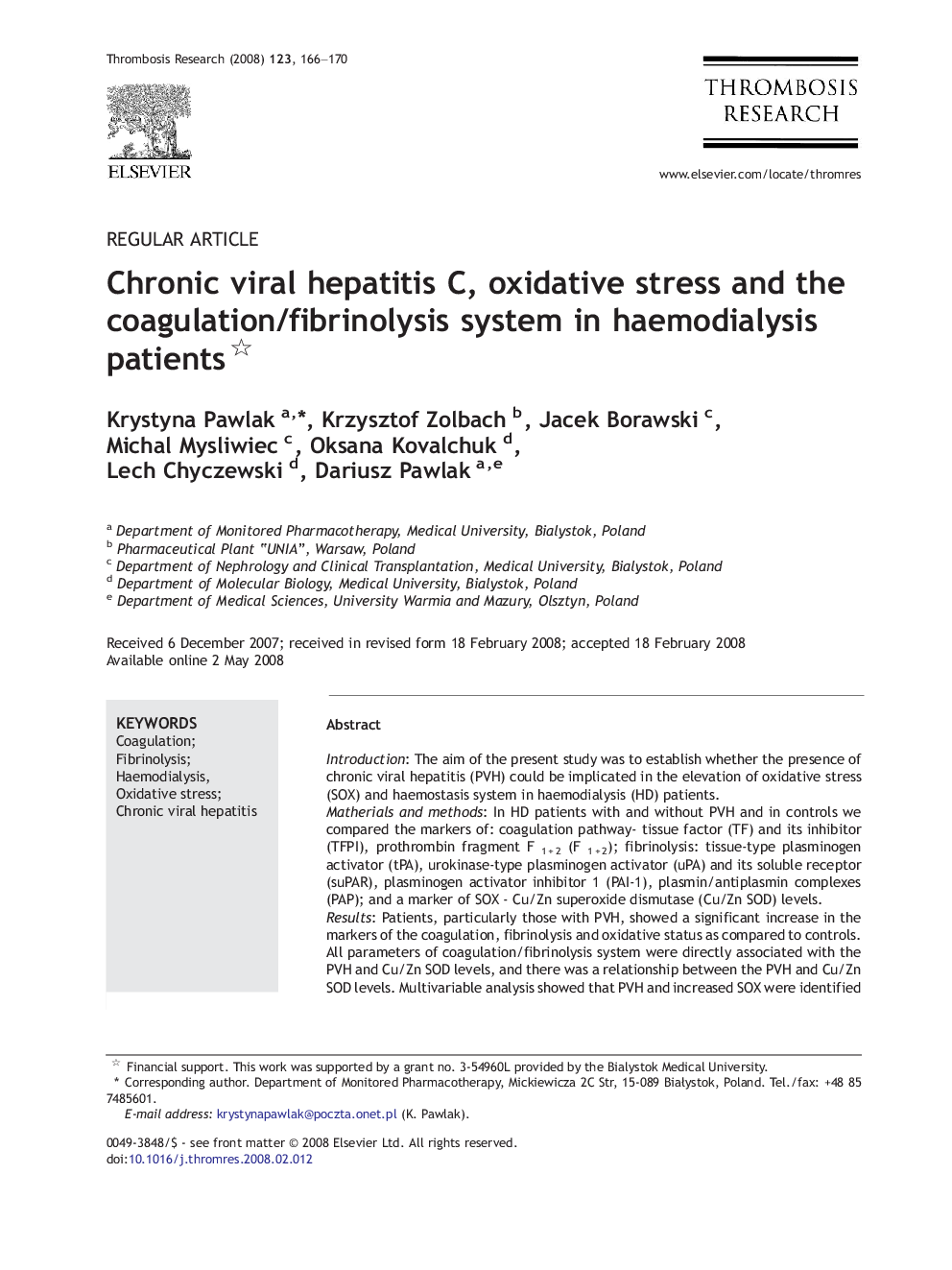 Chronic viral hepatitis C, oxidative stress and the coagulation/fibrinolysis system in haemodialysis patients