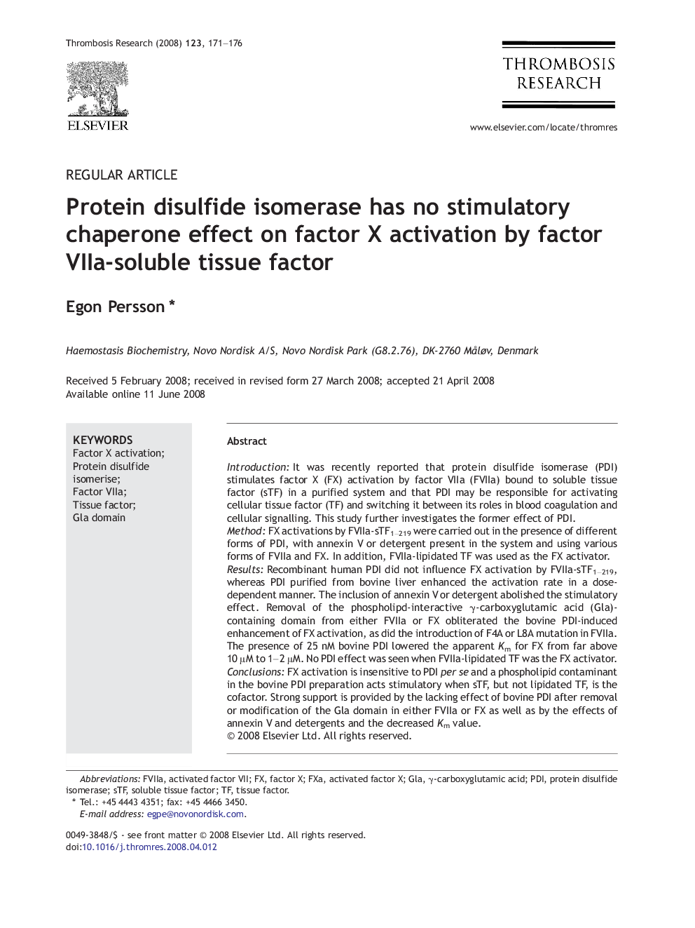 Protein disulfide isomerase has no stimulatory chaperone effect on factor X activation by factor VIIa-soluble tissue factor