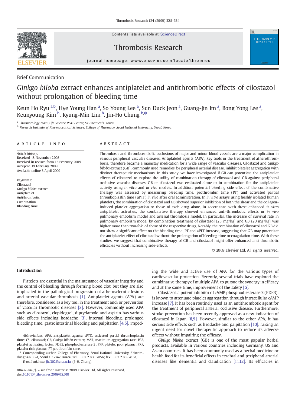 Ginkgo biloba extract enhances antiplatelet and antithrombotic effects of cilostazol without prolongation of bleeding time