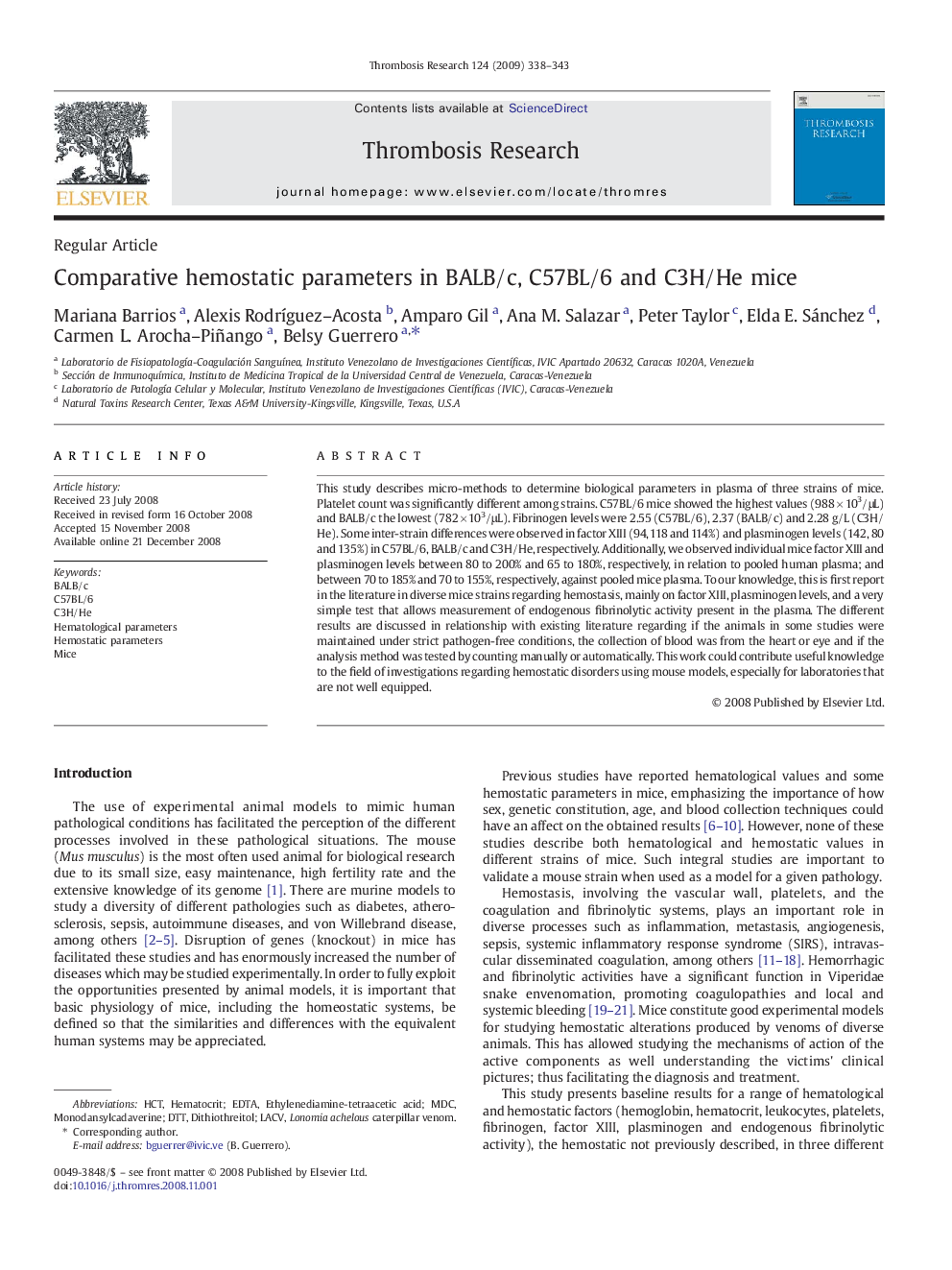 Comparative hemostatic parameters in BALB/c, C57BL/6 and C3H/He mice