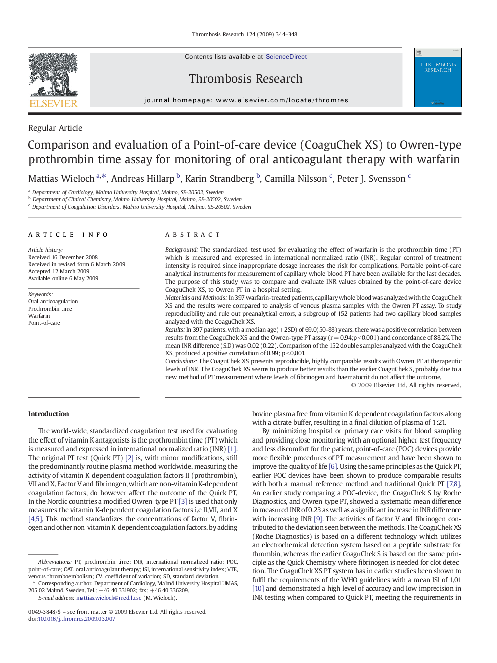 Comparison and evaluation of a Point-of-care device (CoaguChek XS) to Owren-type prothrombin time assay for monitoring of oral anticoagulant therapy with warfarin