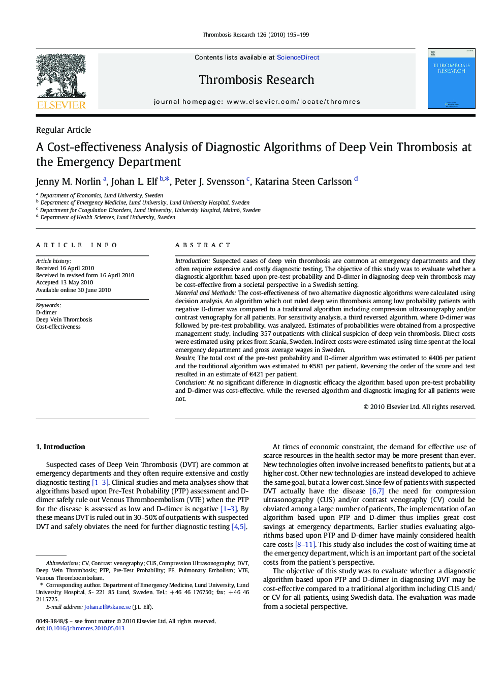 A Cost-effectiveness Analysis of Diagnostic Algorithms of Deep Vein Thrombosis at the Emergency Department