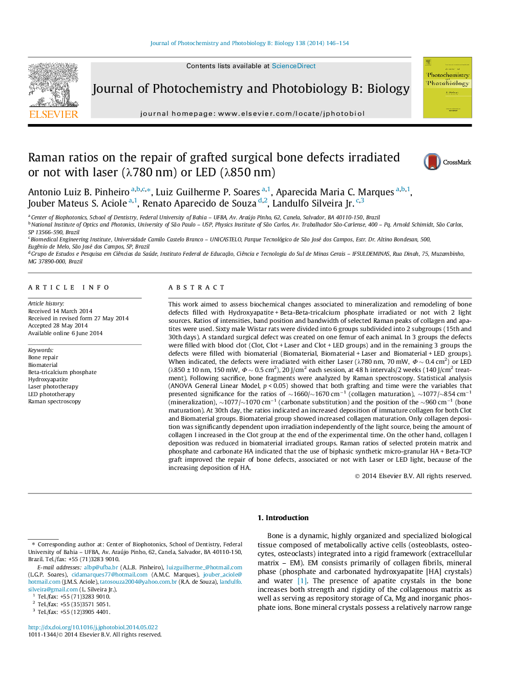 Raman ratios on the repair of grafted surgical bone defects irradiated or not with laser (λ780 nm) or LED (λ850 nm)