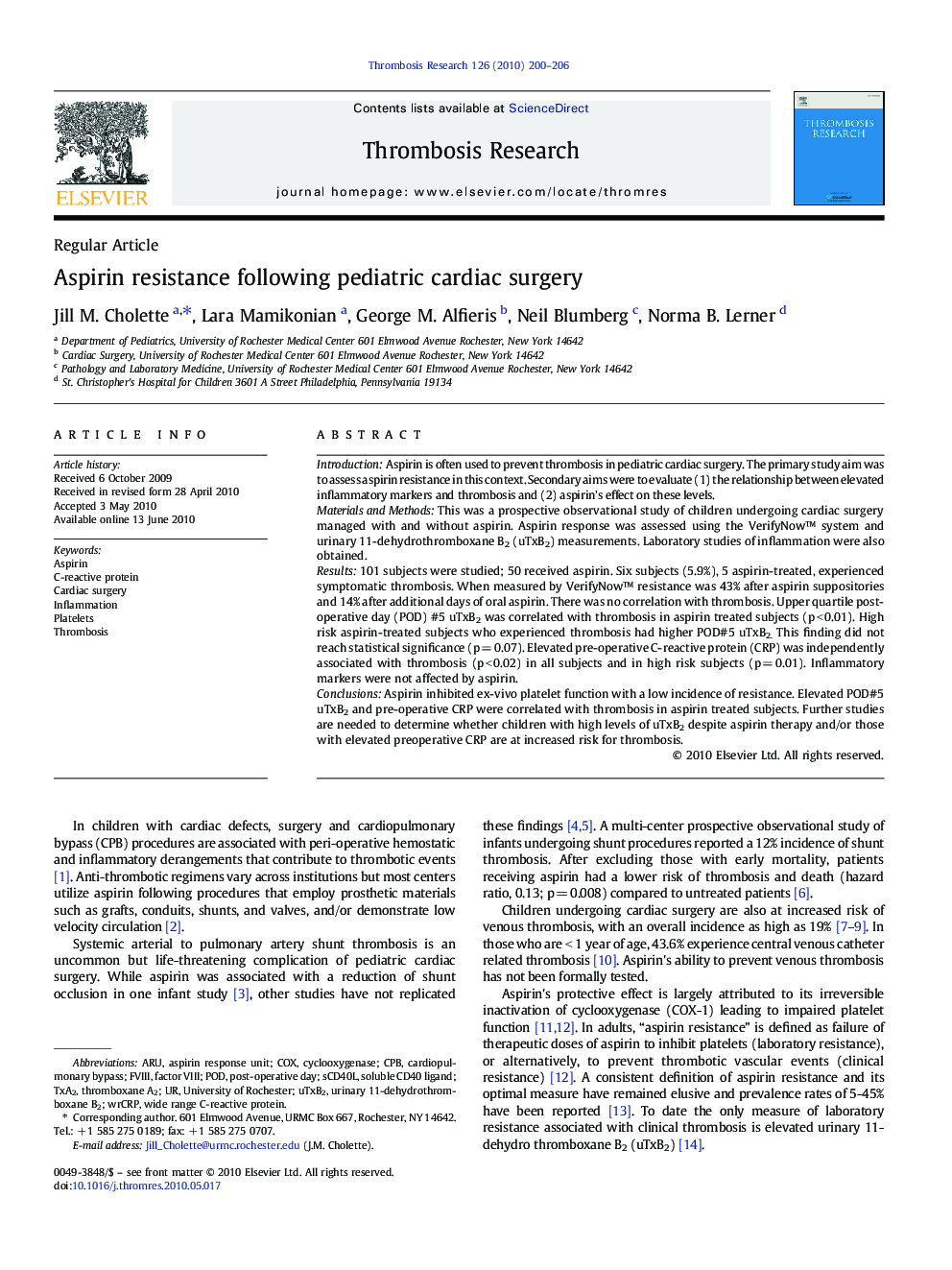 Aspirin resistance following pediatric cardiac surgery