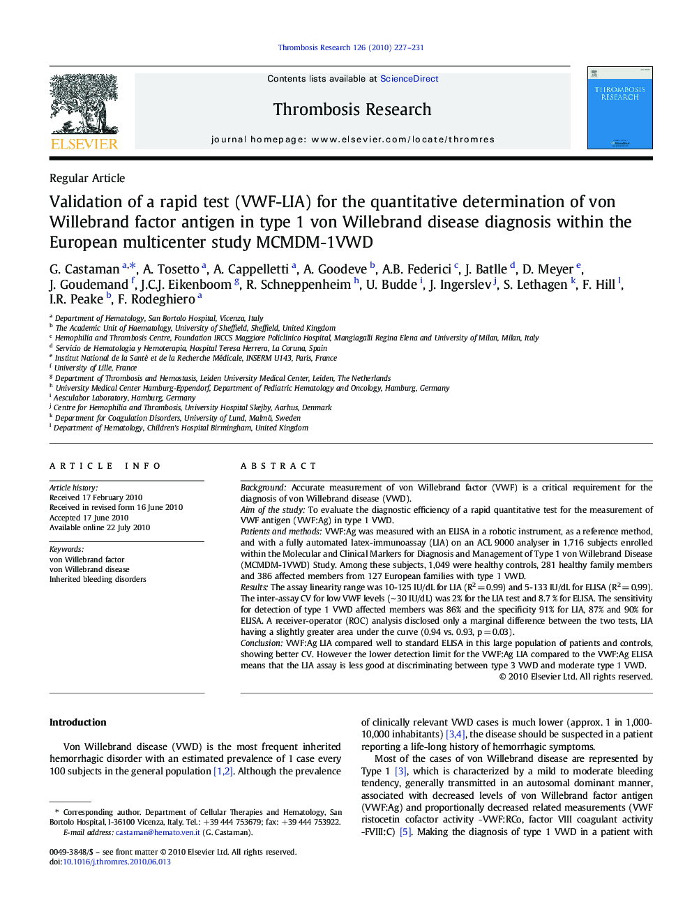 Validation of a rapid test (VWF-LIA) for the quantitative determination of von Willebrand factor antigen in type 1 von Willebrand disease diagnosis within the European multicenter study MCMDM-1VWD