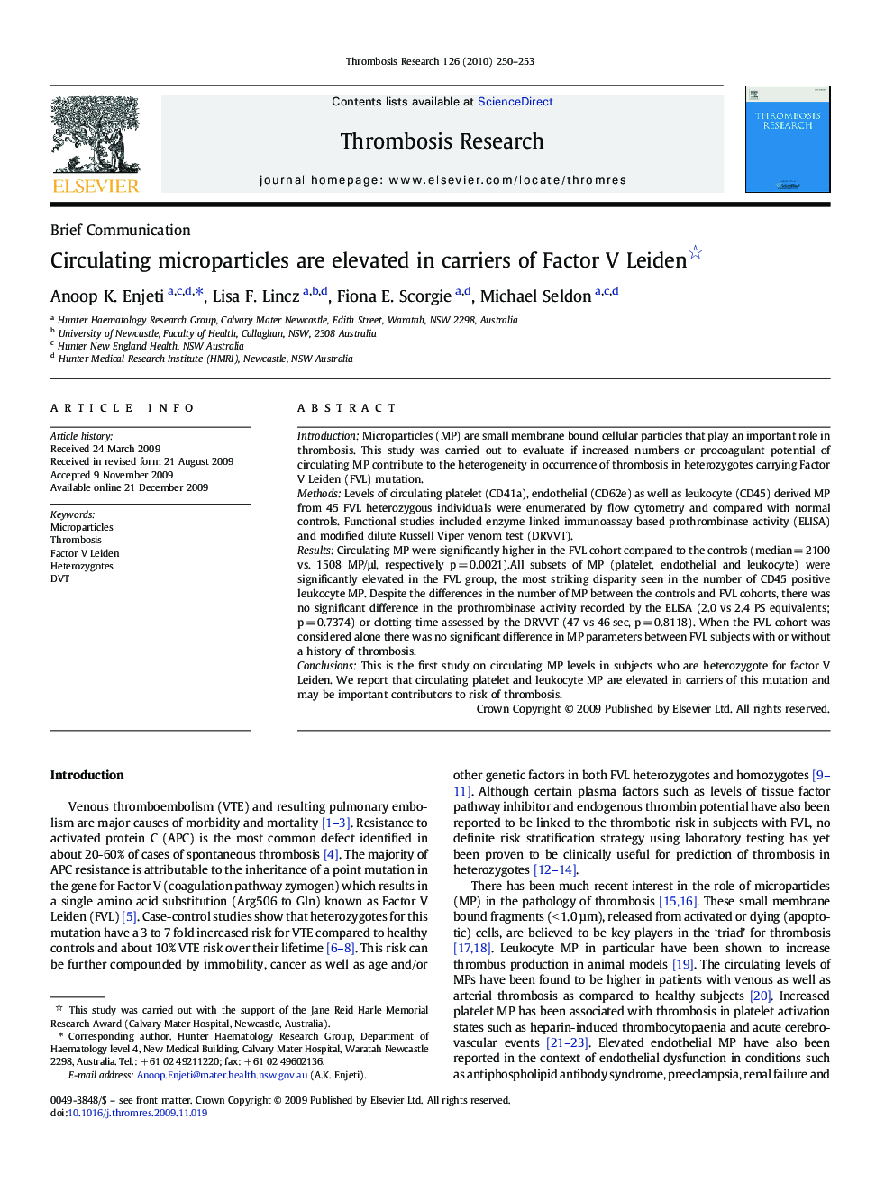 Circulating microparticles are elevated in carriers of Factor V Leiden 